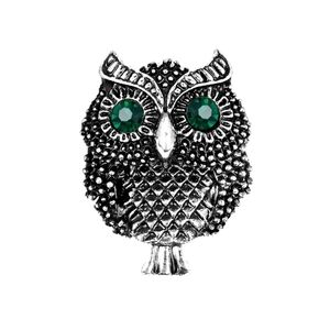 Silver Owl Brooch Green Accent Crystal Eyes Small Dainty Lapel Pin Brooch